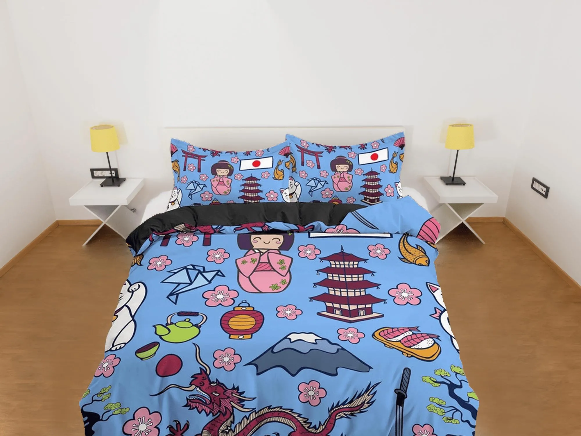 Cute oriental blue bedding for kids, japan culture, kimono and dragon, japanese duvet cover set for king, queen, full, twin, toddler bed