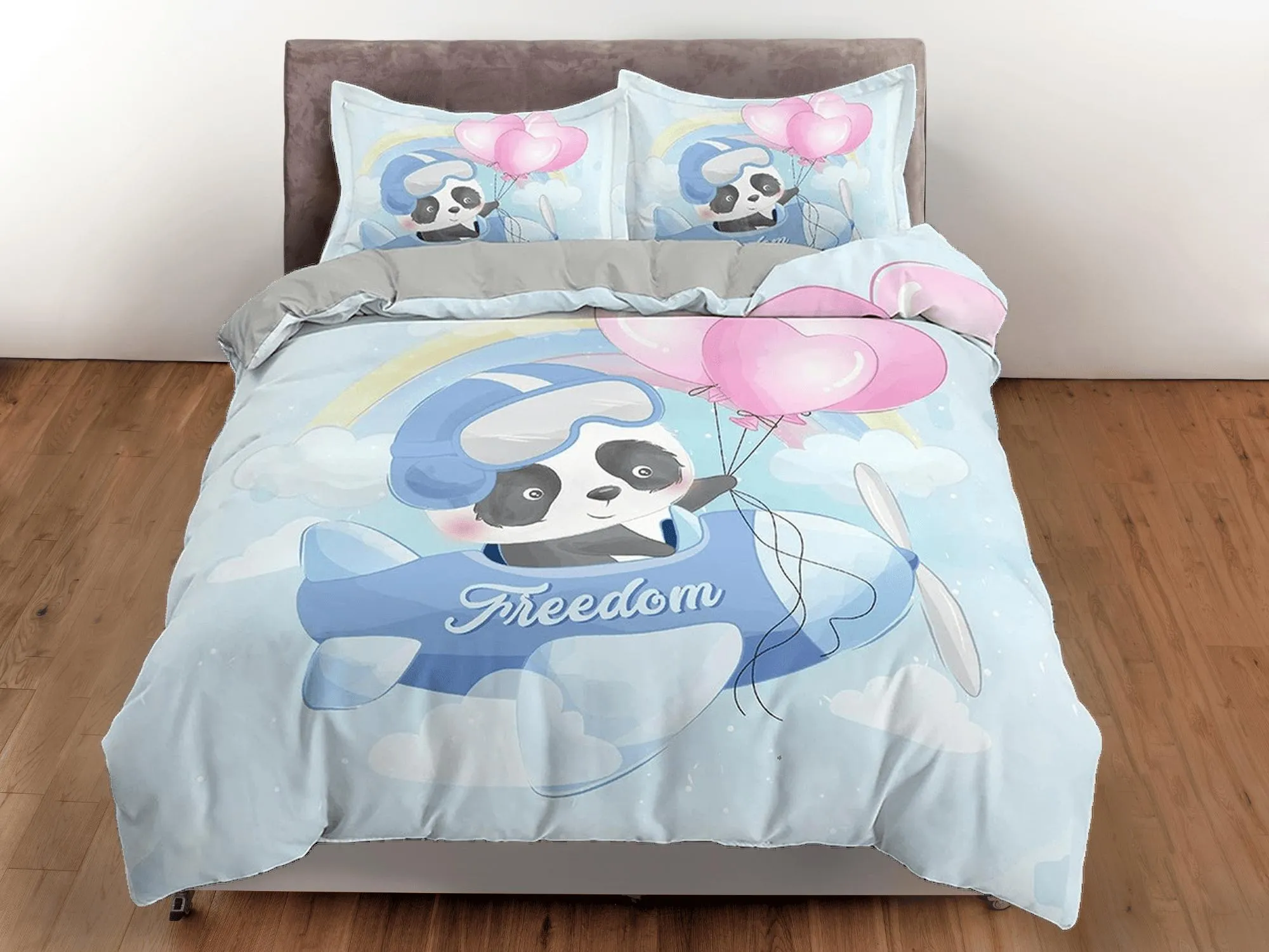 Cute panda flying as a pilot in airplane, blue bedding, duvet cover nursery kids, crib bedding, baby zipper bedding, king queen full twin