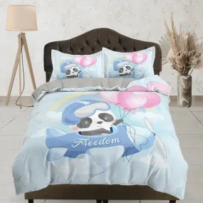 Cute panda flying as a pilot in airplane, blue bedding, duvet cover nursery kids, crib bedding, baby zipper bedding, king queen full twin