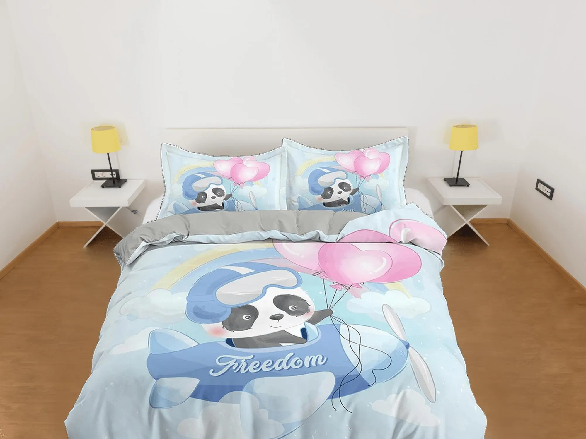 Cute panda flying as a pilot in airplane, blue bedding, duvet cover nursery kids, crib bedding, baby zipper bedding, king queen full twin