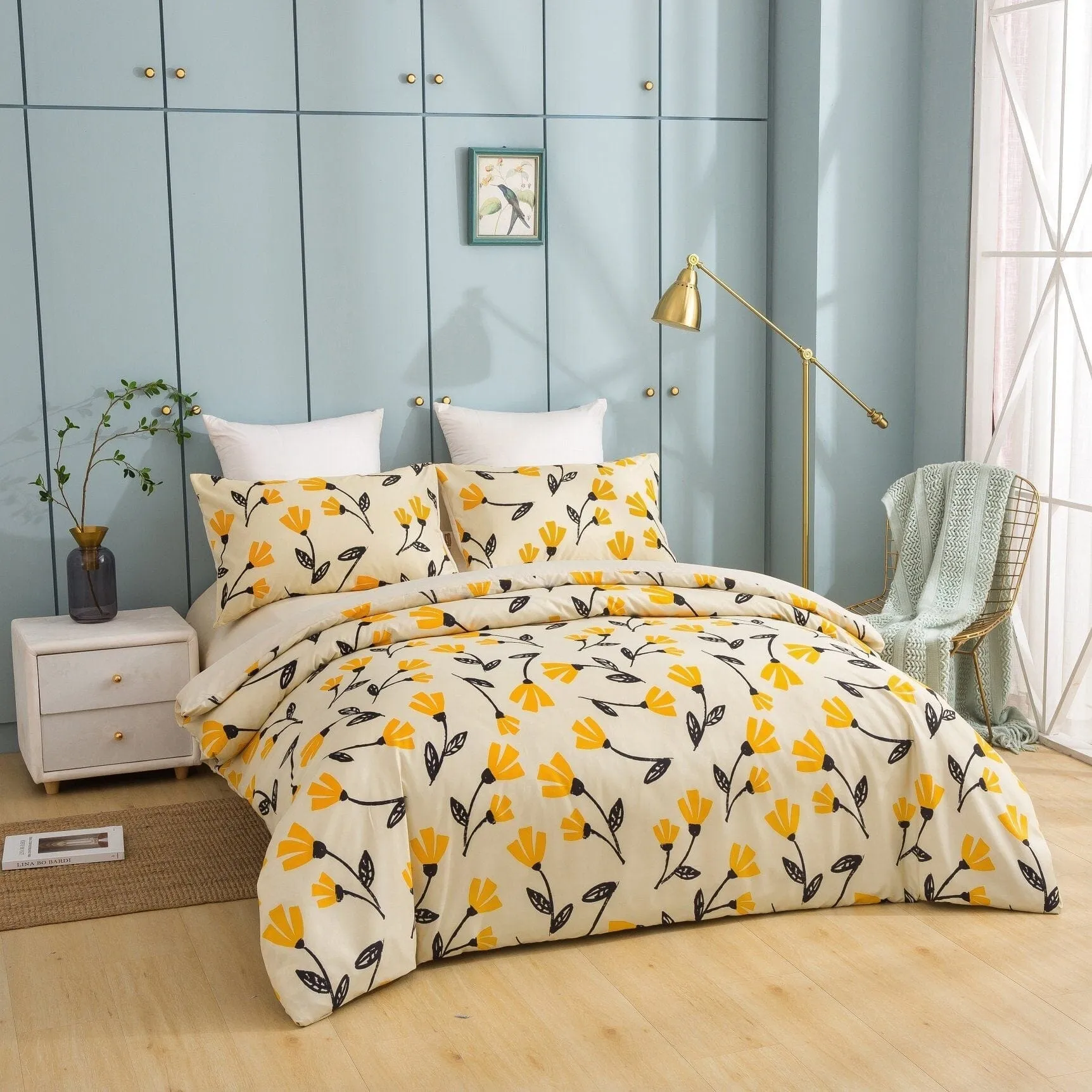 DaDa Bedding Yellow Fleur Floral Golden Orange Ivory Duvet Cover Set w/ Pillow Cases (18112)