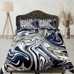 Dark blue contemporary bedroom set aesthetic duvet cover, marble abstract art room decor boho chic bedding set full king queen