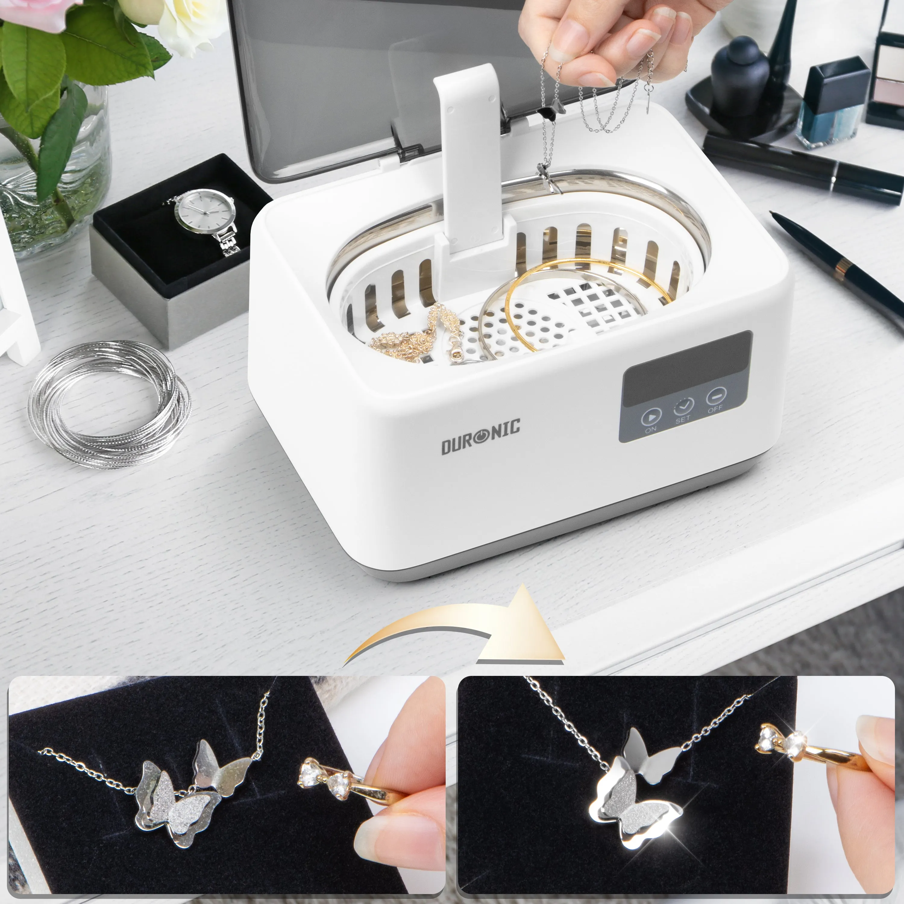 Duronic Ultrasonic Cleaner UC60 Lightweight Jewelry Cleaner with 53KHz Portable 50W Watch Cleaner 600ml Ultra Sonic Jewellery Cleaner Compact Cleaners for Jewelery Denture Ring Glasses