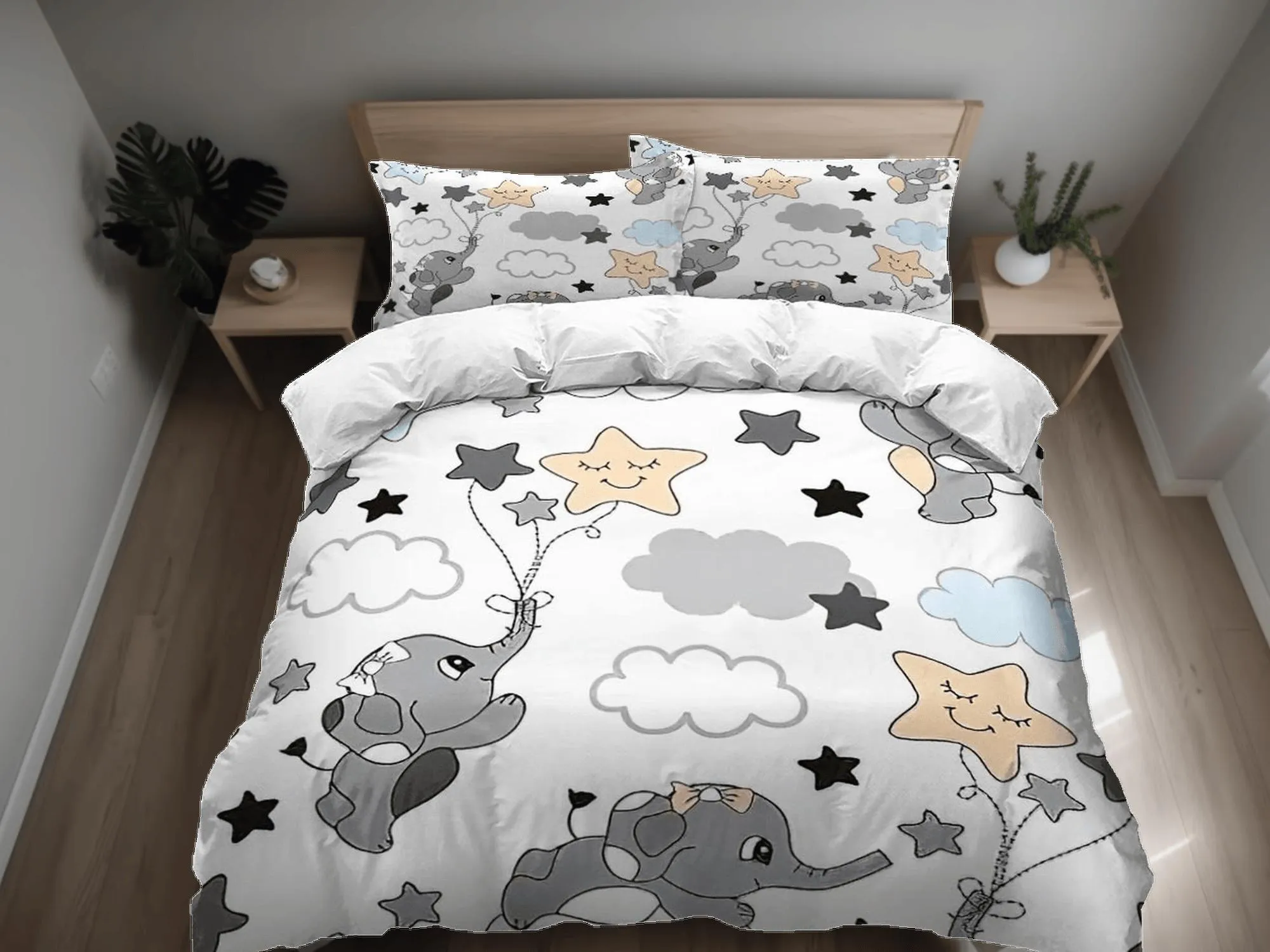 Flying elephant reaching the stars bedding cute duvet cover set, kids bedding full, nursery bed decor, elephant baby shower, toddler bedding