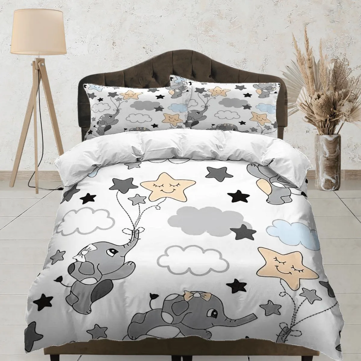 Flying elephant reaching the stars bedding cute duvet cover set, kids bedding full, nursery bed decor, elephant baby shower, toddler bedding