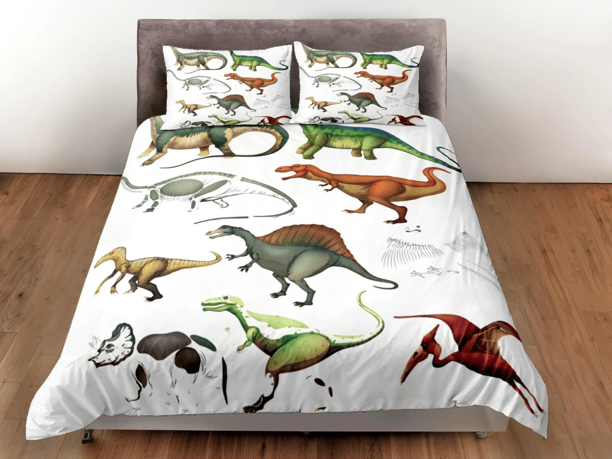 Fossil dinosaur bedding, kids bedding full, cute duvet cover set, dinosaur nursery bed decor, colorful bedding, baby dinosaur, toddler