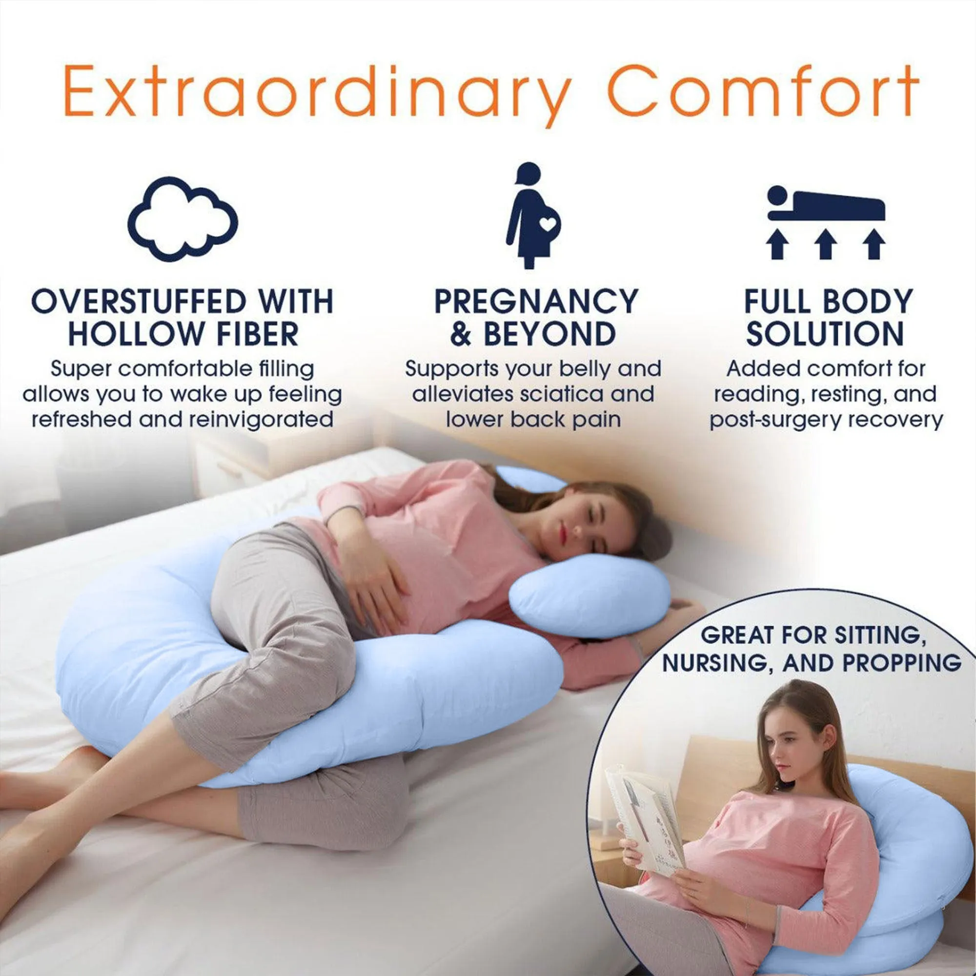 Four Seasons Pregnancy Pillow J Shaped Full Body Maternity Pillow 80x130cm Blue