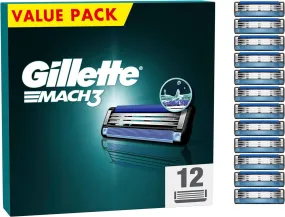 Gillette Mach3 Razor Blades Men, Pack of 12 Razor Blade Refills, Stronger Than Steel Blades, Enhanced Lubrastrip, XXL, Packaging May Vary