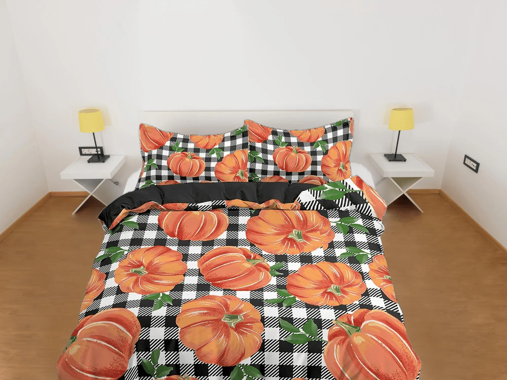 Gingham plaid pumpkin halloween full size bedding & pillowcase, check duvet cover set dorm bedding, nursery toddler bedding, halloween gift