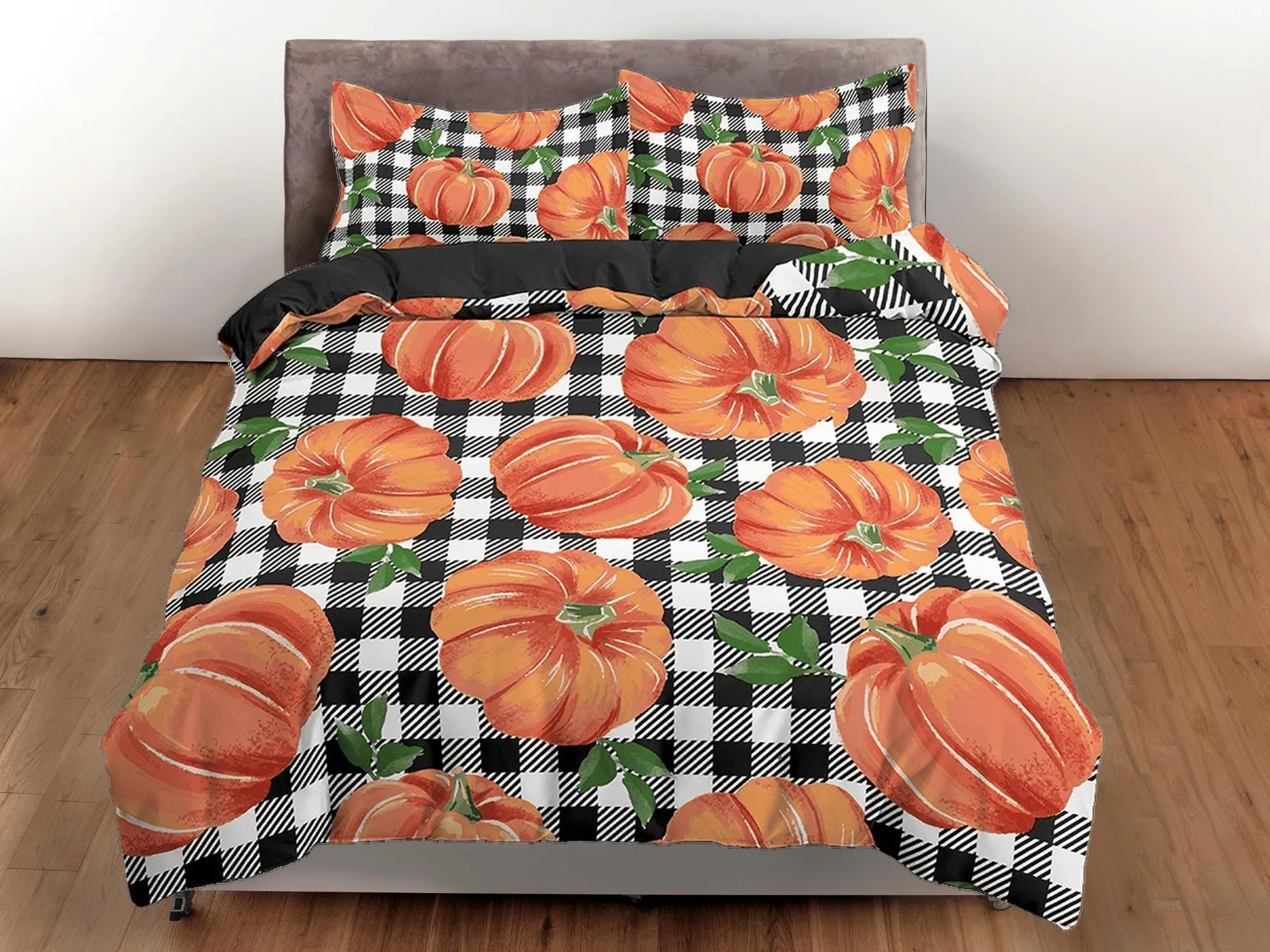 Gingham plaid pumpkin halloween full size bedding & pillowcase, check duvet cover set dorm bedding, nursery toddler bedding, halloween gift