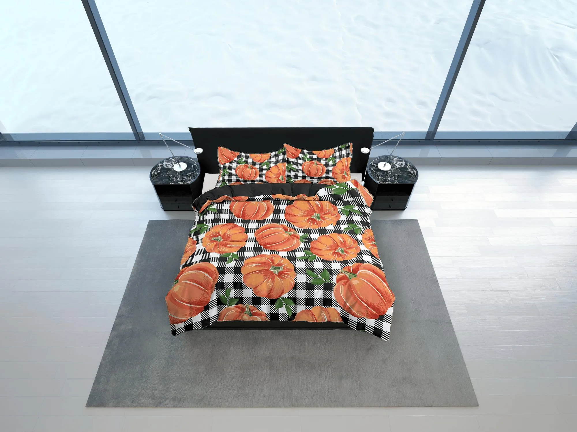 Gingham plaid pumpkin halloween full size bedding & pillowcase, check duvet cover set dorm bedding, nursery toddler bedding, halloween gift