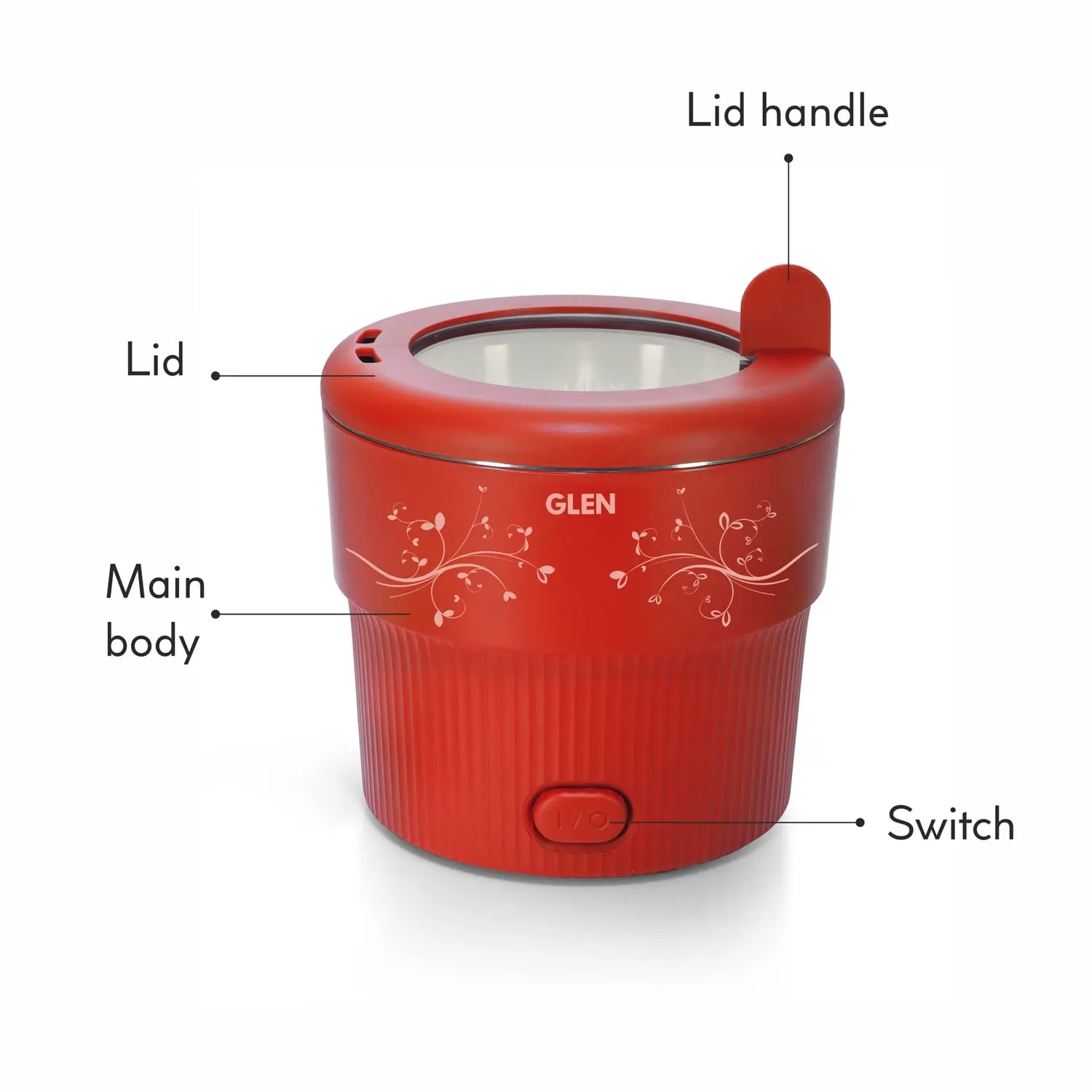 Glen Electric Mini MultiCook for Maggie/Noodles/Pasta, Steam Vegetables, Soup and Rice 800ml Steam Cooker 500W - Red (3054MCR)