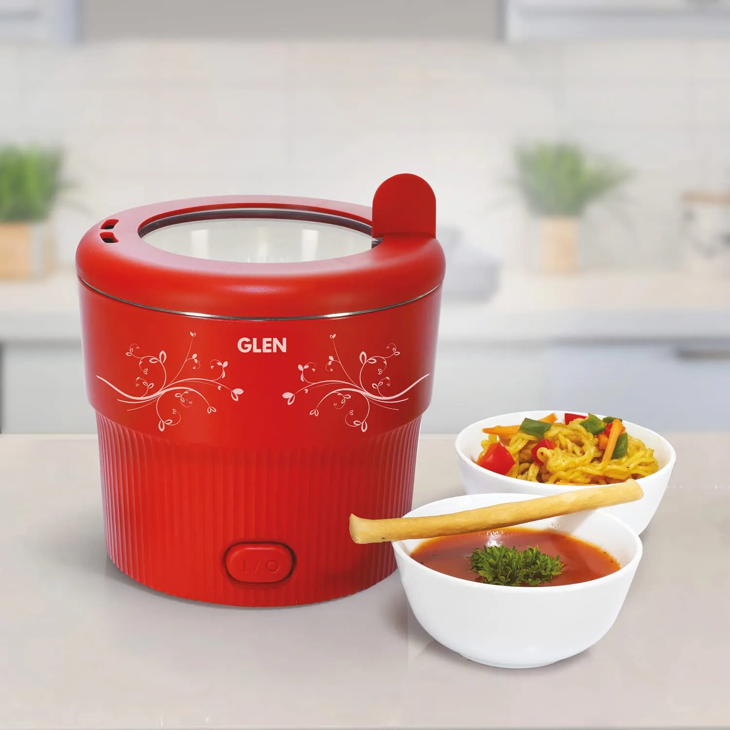 Glen Electric Mini MultiCook for Maggie/Noodles/Pasta, Steam Vegetables, Soup and Rice 800ml Steam Cooker 500W - Red (3054MCR)