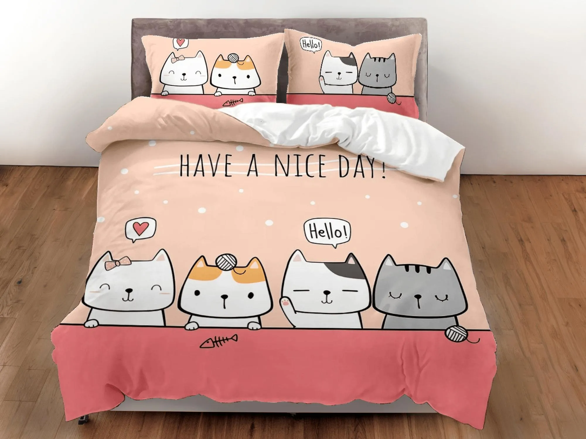 Have a nice day, cat bedding, toddler bedding, kids duvet cover set, gift for cat lovers, baby bedding, baby shower gift, orange bedding