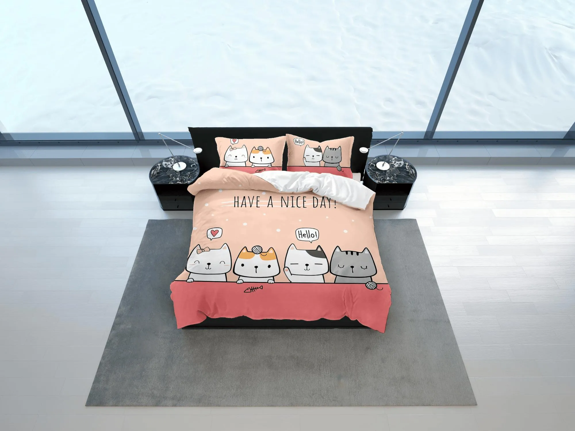 Have a nice day, cat bedding, toddler bedding, kids duvet cover set, gift for cat lovers, baby bedding, baby shower gift, orange bedding