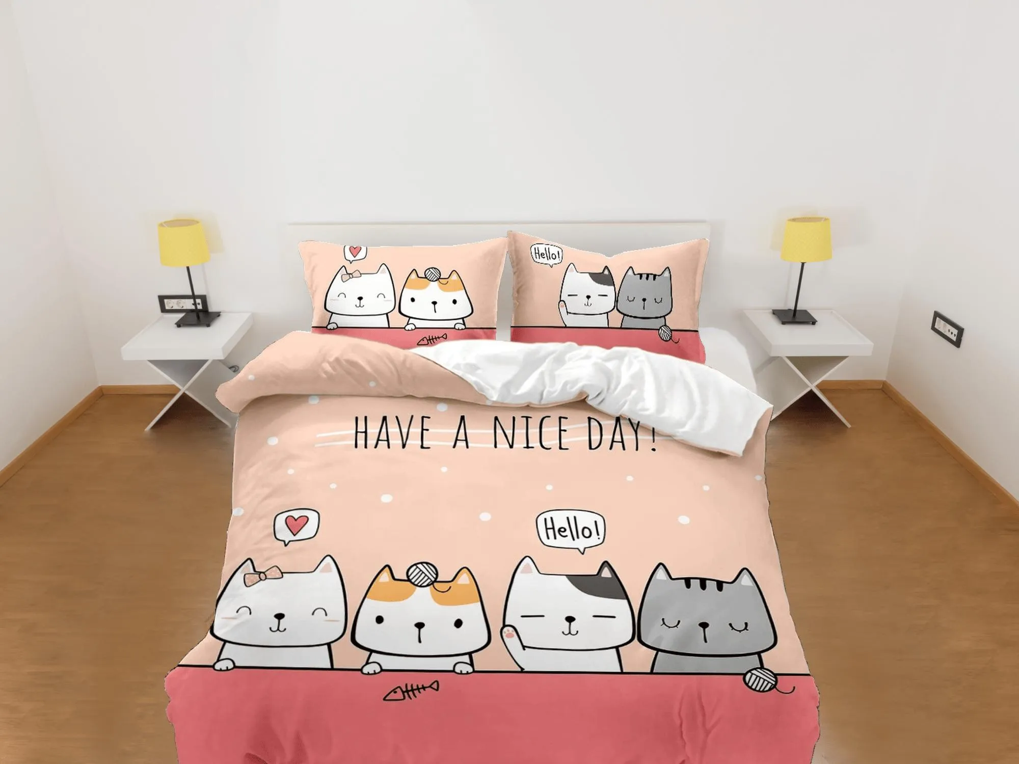 Have a nice day, cat bedding, toddler bedding, kids duvet cover set, gift for cat lovers, baby bedding, baby shower gift, orange bedding