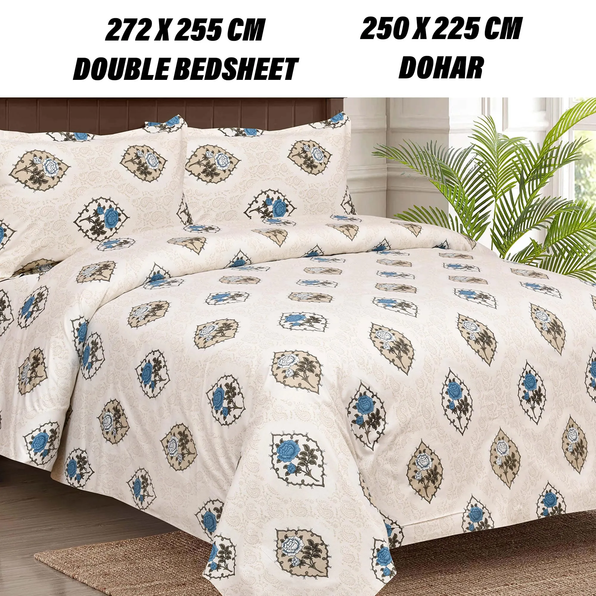 Heart Home Dohar Set | 1 Piece Double Bedsheet with 2 Pillow Cover & Dohar Combo Set | Bedsheet & AC Blanket Set for Bedroom | Comforter | Quilt | Pushpa Rose Print | Set of 4 | Blue