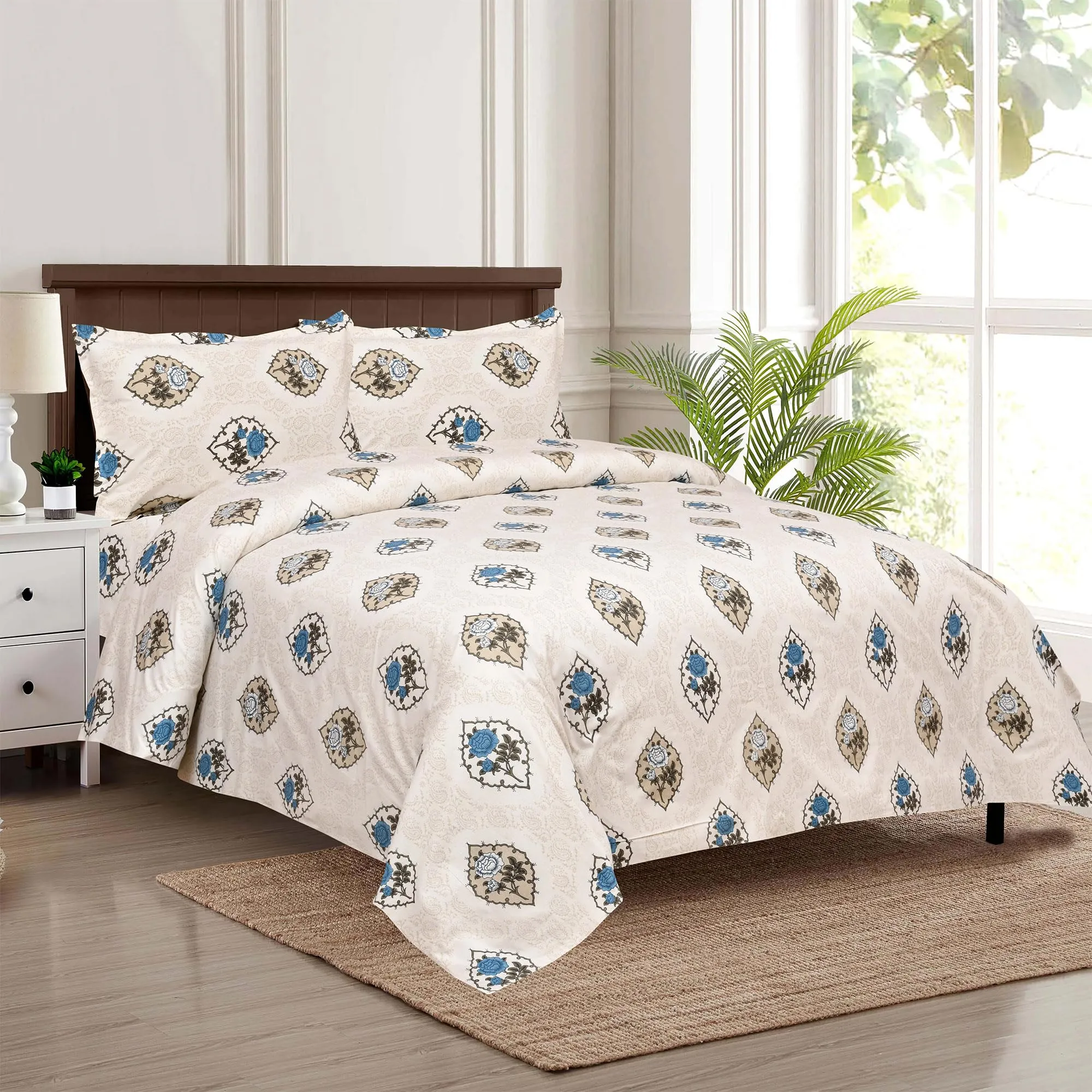 Heart Home Dohar Set | 1 Piece Double Bedsheet with 2 Pillow Cover & Dohar Combo Set | Bedsheet & AC Blanket Set for Bedroom | Comforter | Quilt | Pushpa Rose Print | Set of 4 | Blue