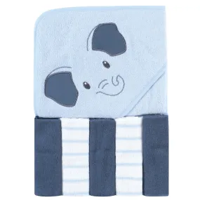 Hudson Baby Hooded Towel and Five Washcloths, Blue Elephant