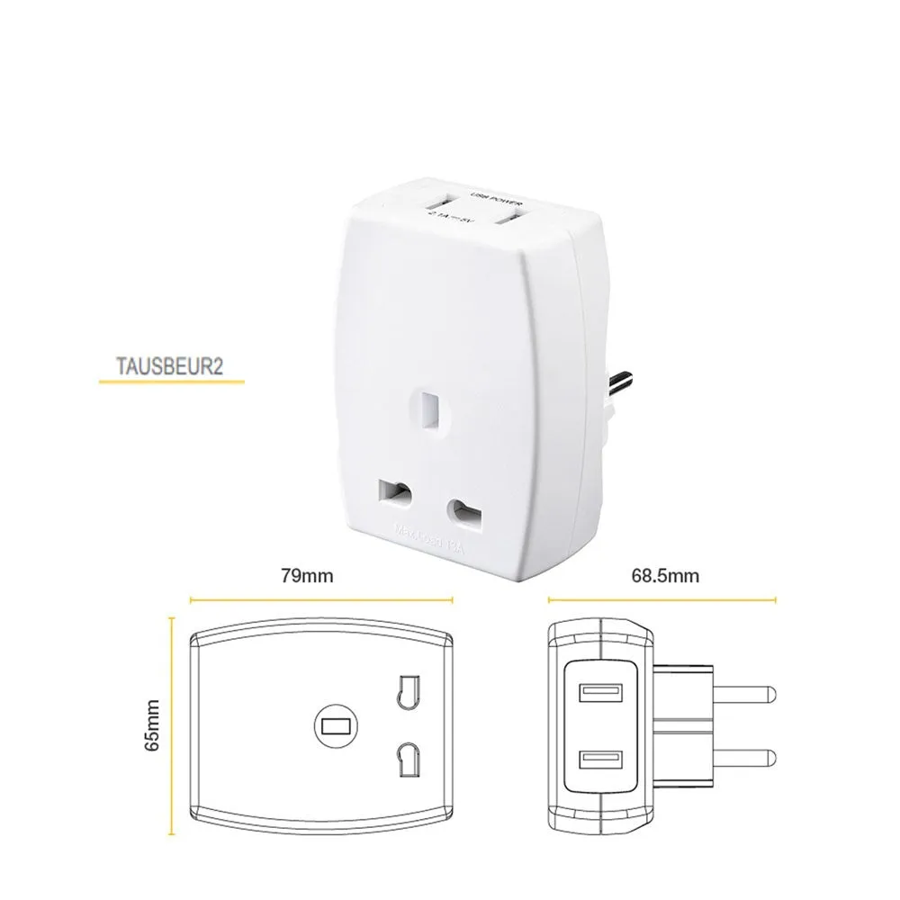 Masterplug Travel Adapter with 2 USB (2.1A) UK (TAUSBEUR2-MPA) / (TAUSBUSA2-MP)