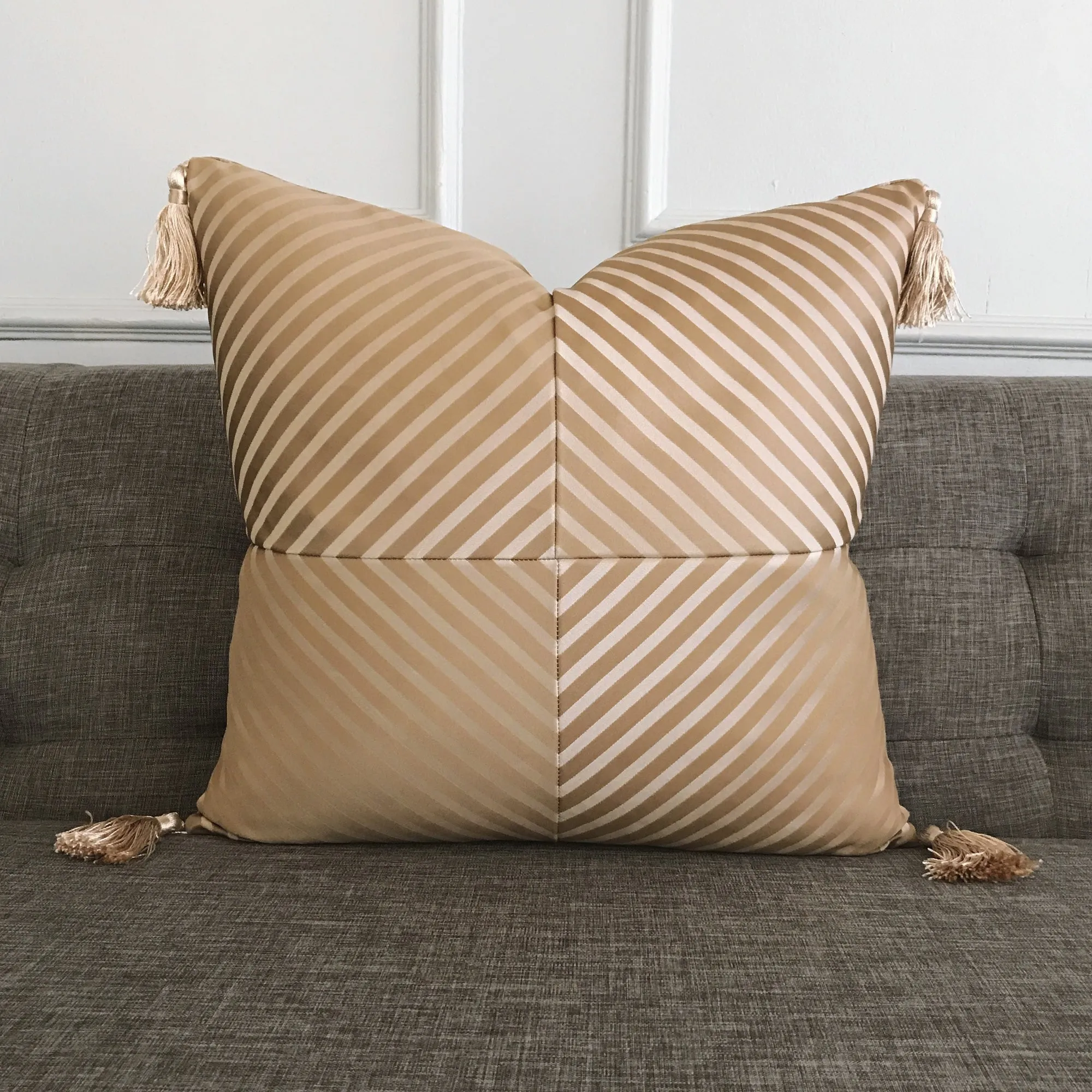 Metallic Gold Striped Tassel Throw Pillow Cover 20x20