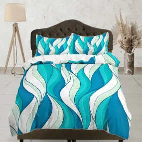 Mid century modern bedroom art set cyan blue duvet cover, aesthetic room decor boho chic bedding set full king, colorful maximalist retro