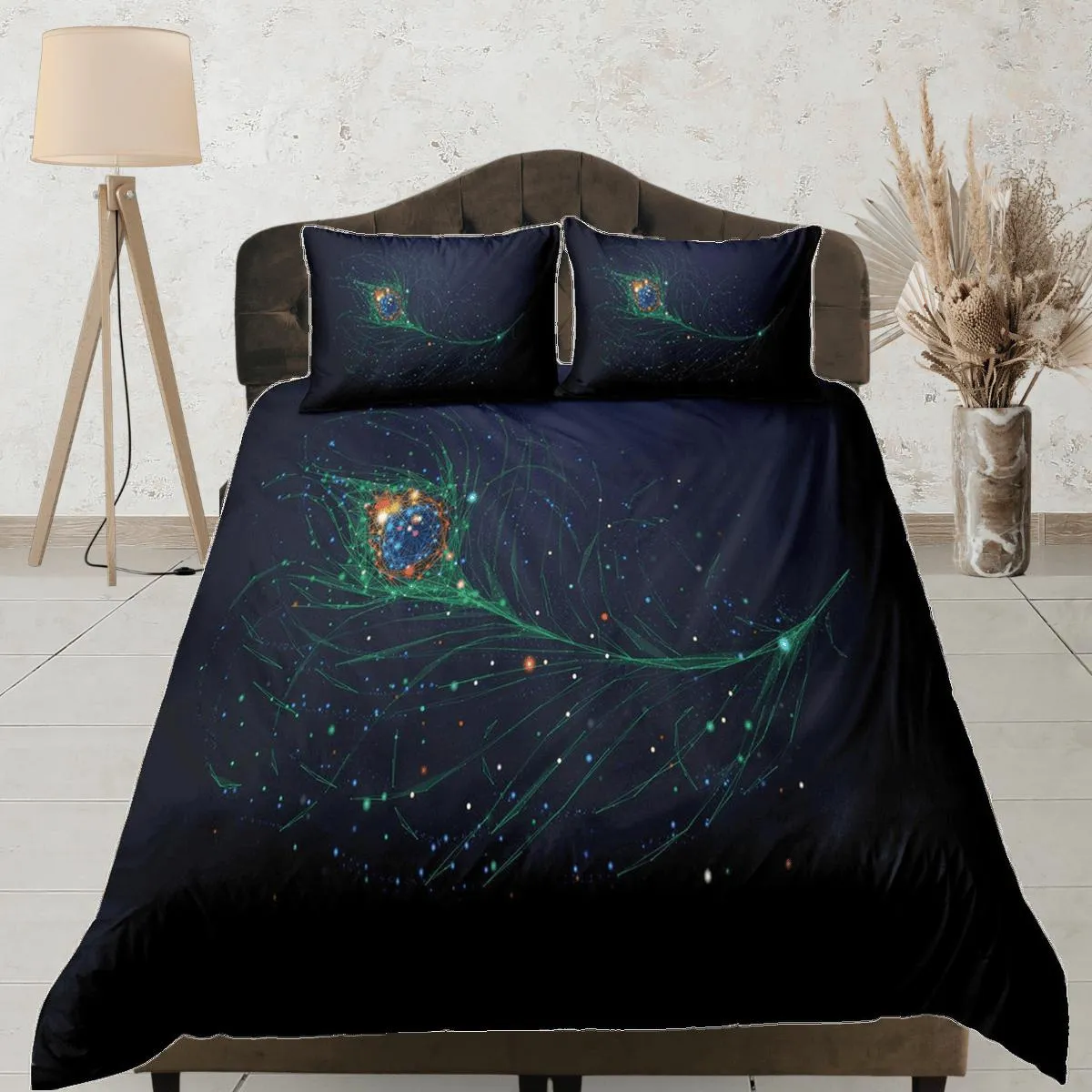 Minimalist bedding with peacock decor aesthetic bedding set full, luxury duvet cover queen, king, boho duvet, designer bedding