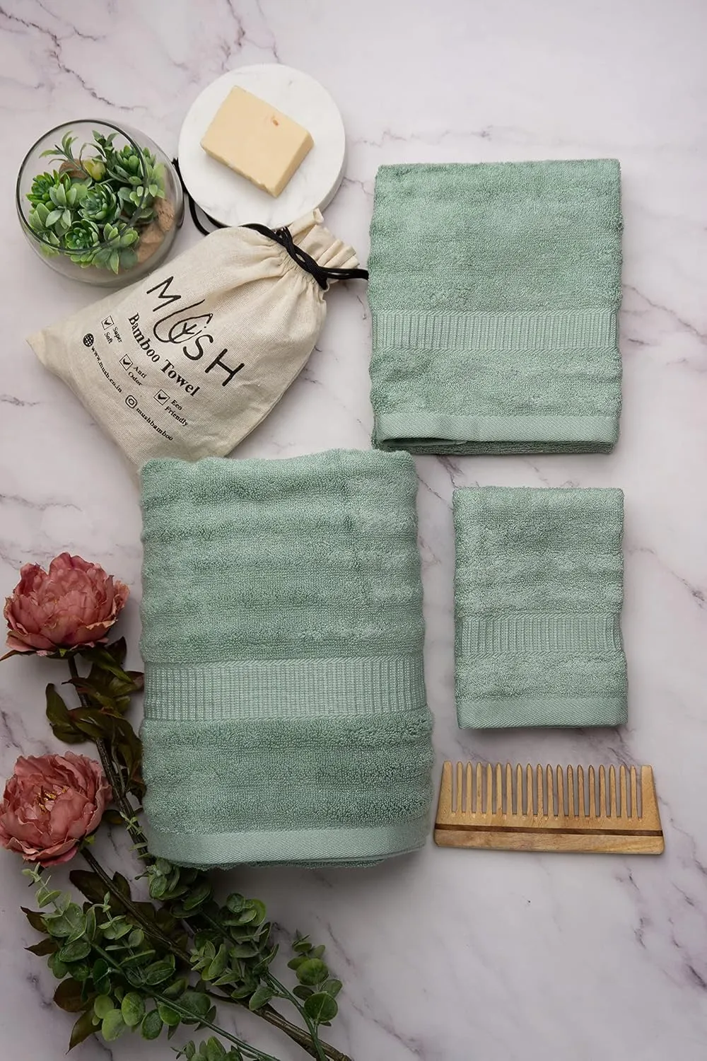 Mush Bamboo 3 PieceTowels Set | Ultra Soft, Absorbent and Antimicrobial 600 GSM (Bath Towel, Hand Towel and Face Towel) Perfect for Daily Use and Gifting (Olive Green)