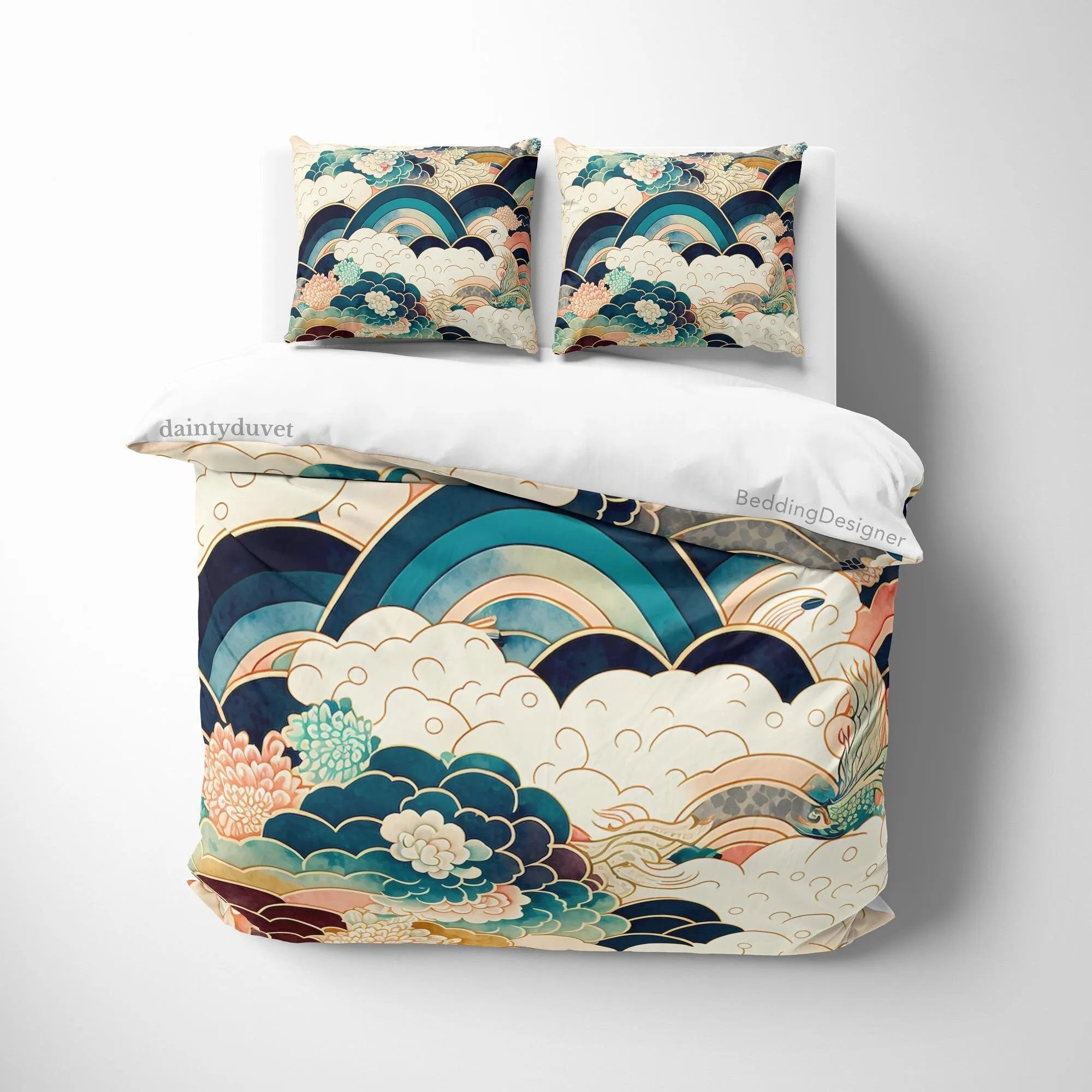 Mythical Japanese Art Duvet Cover Oriental Pattern Quilt Cover, Cloud Bedding Set Rainbow Blanket Cover Zen Vibe Bed Coverc