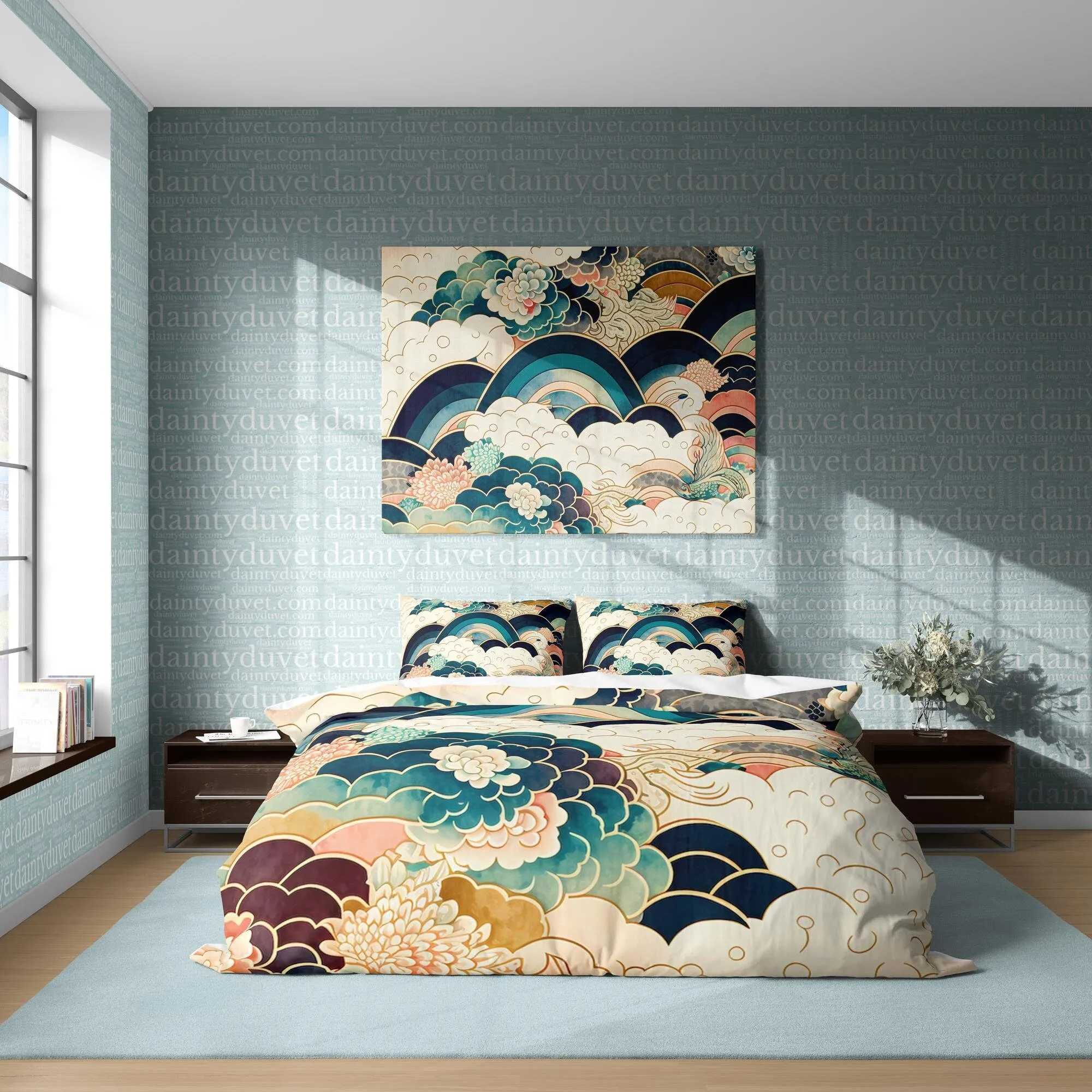 Mythical Japanese Art Duvet Cover Oriental Pattern Quilt Cover, Cloud Bedding Set Rainbow Blanket Cover Zen Vibe Bed Coverc