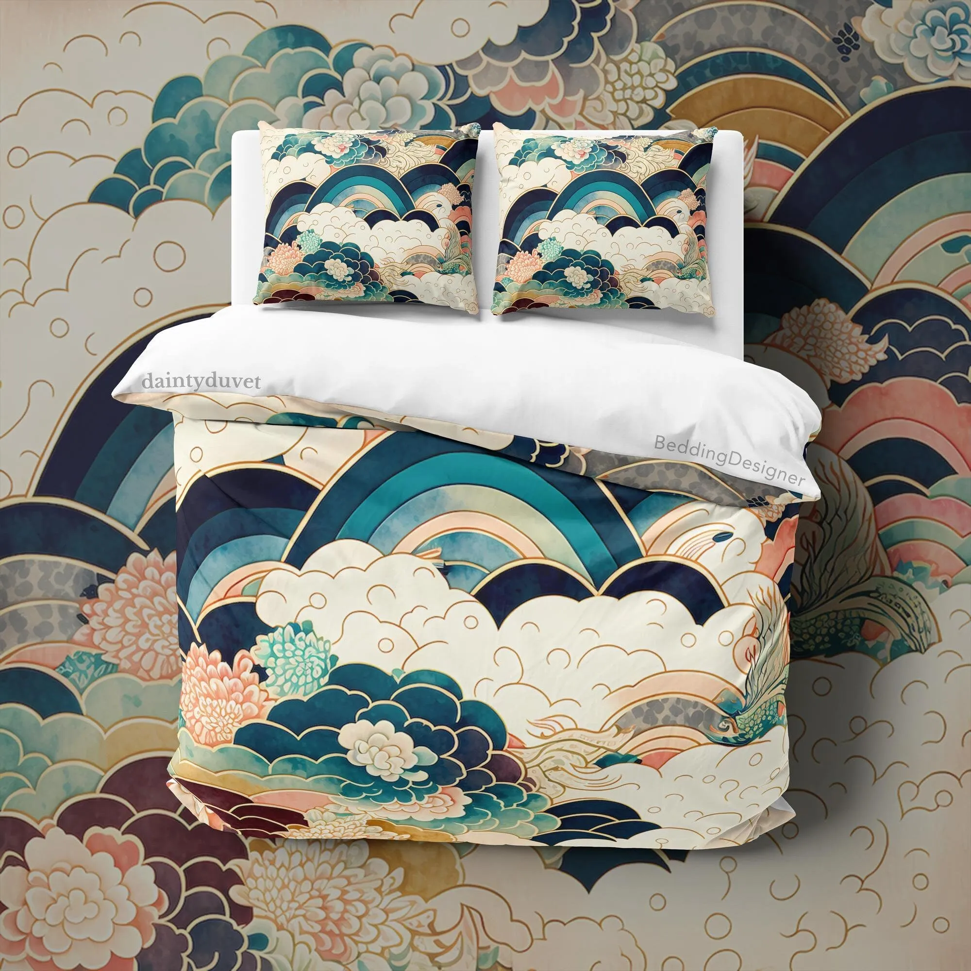 Mythical Japanese Art Duvet Cover Oriental Pattern Quilt Cover, Cloud Bedding Set Rainbow Blanket Cover Zen Vibe Bed Coverc