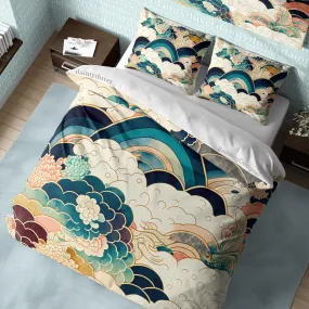 Mythical Japanese Art Duvet Cover Oriental Pattern Quilt Cover, Cloud Bedding Set Rainbow Blanket Cover Zen Vibe Bed Coverc