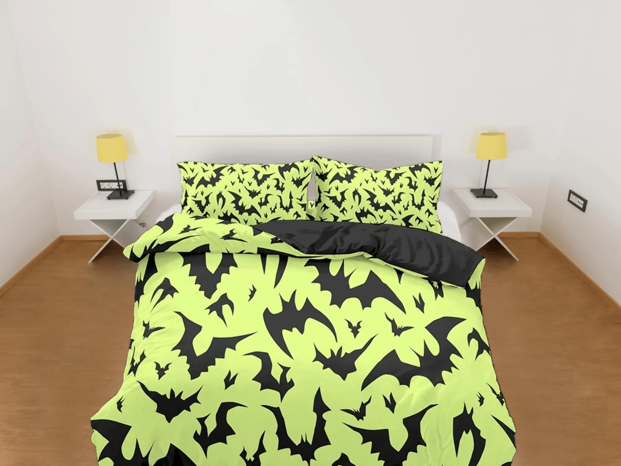 Neon green bats halloween bedding & pillowcase, gothic duvet cover, dorm bedding, goth decor toddler bedding, halloween gift