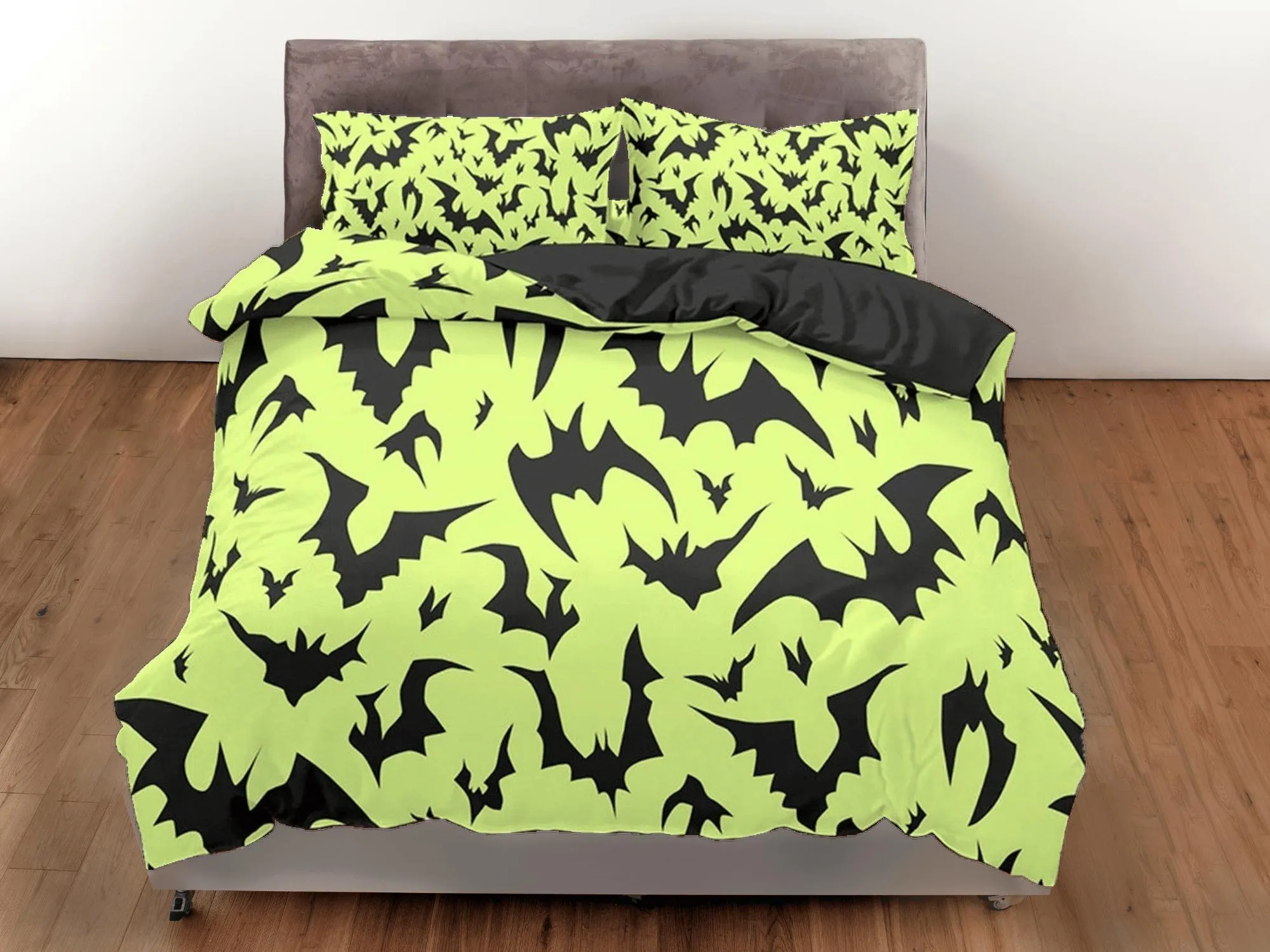 Neon green bats halloween bedding & pillowcase, gothic duvet cover, dorm bedding, goth decor toddler bedding, halloween gift