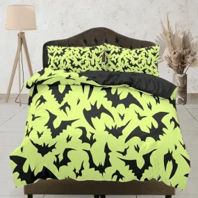 Neon green bats halloween bedding & pillowcase, gothic duvet cover, dorm bedding, goth decor toddler bedding, halloween gift