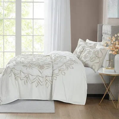 Open Box - Full/Queen 3pc Valeria Cotton Chenille Coverlet Set Ivory/Taupe