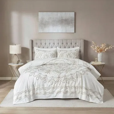 Open Box - Full/Queen 3pc Valeria Cotton Chenille Coverlet Set Ivory/Taupe