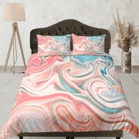 Peach pink contemporary bedroom set aesthetic duvet cover, marble abstract art room decor boho chic bedding set full king queen