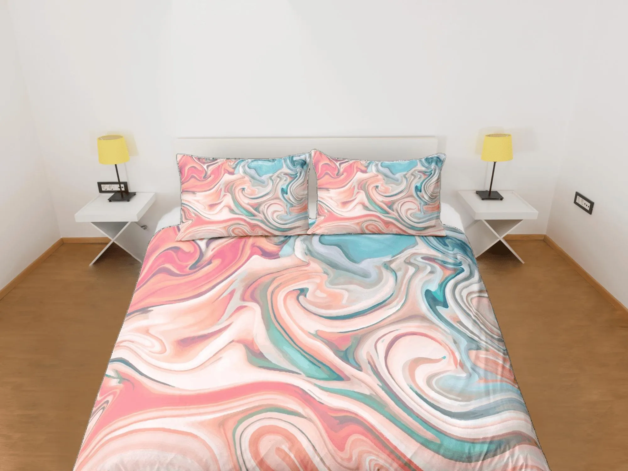 Peach pink contemporary bedroom set aesthetic duvet cover, marble abstract art room decor boho chic bedding set full king queen