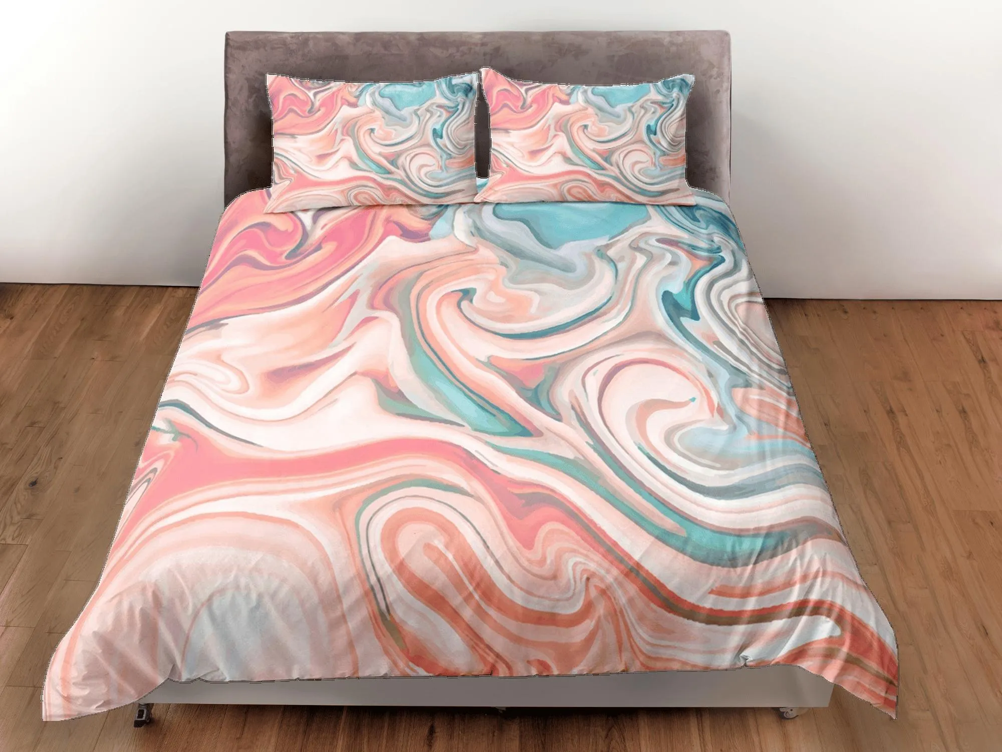 Peach pink contemporary bedroom set aesthetic duvet cover, marble abstract art room decor boho chic bedding set full king queen