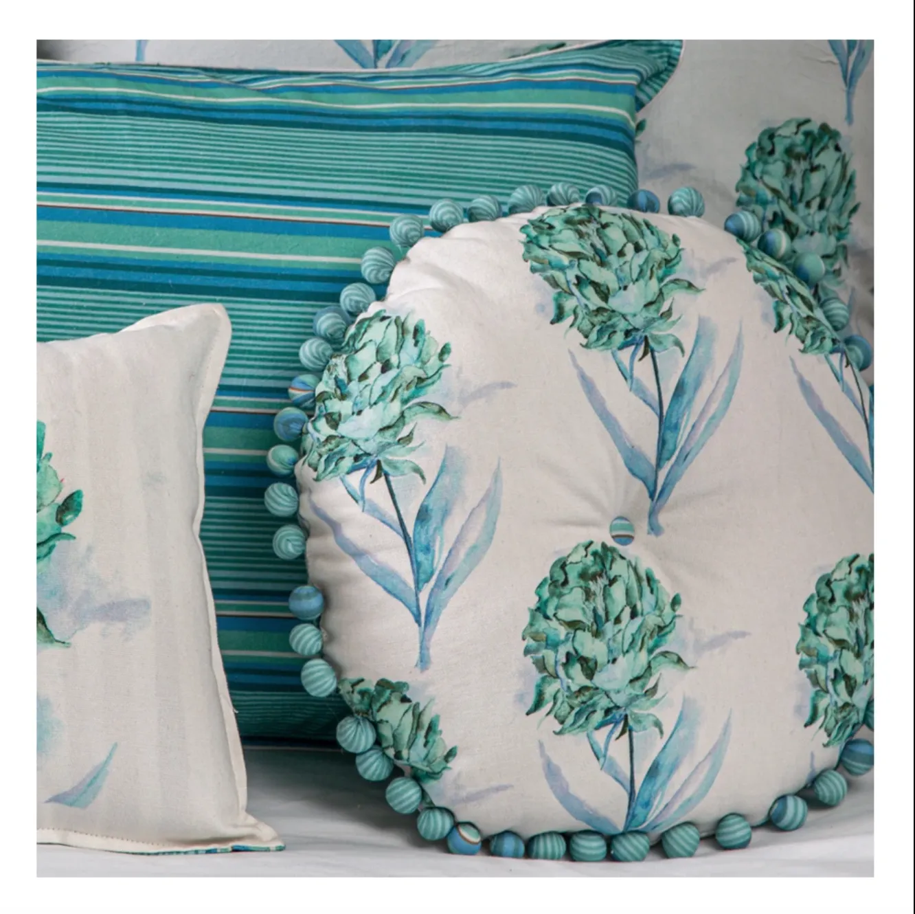 Peony White and Aqua Printed LUXURY 9 PC Set