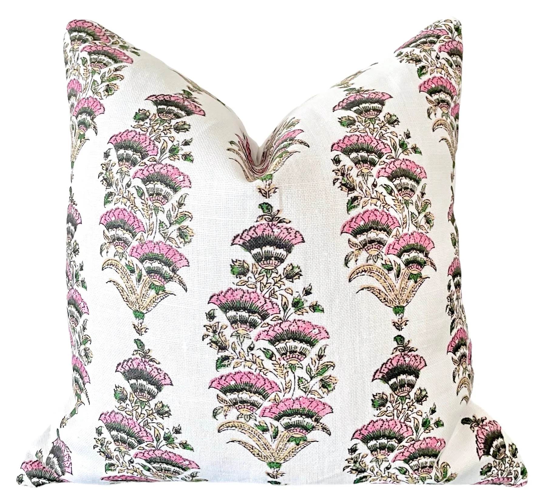 Pink & Green Floral Fans Block Printed Linen Pillow Cover: Available in 10 Sizes