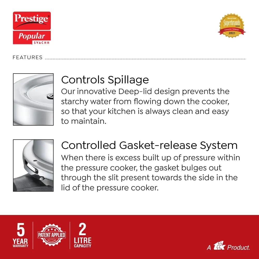 Prestige 2L Popular Svachh Aluminium Outer Lid Pressure Cooker|Ideal for 2-3 persons|Deep lid for Spillage Control|5 years warranty