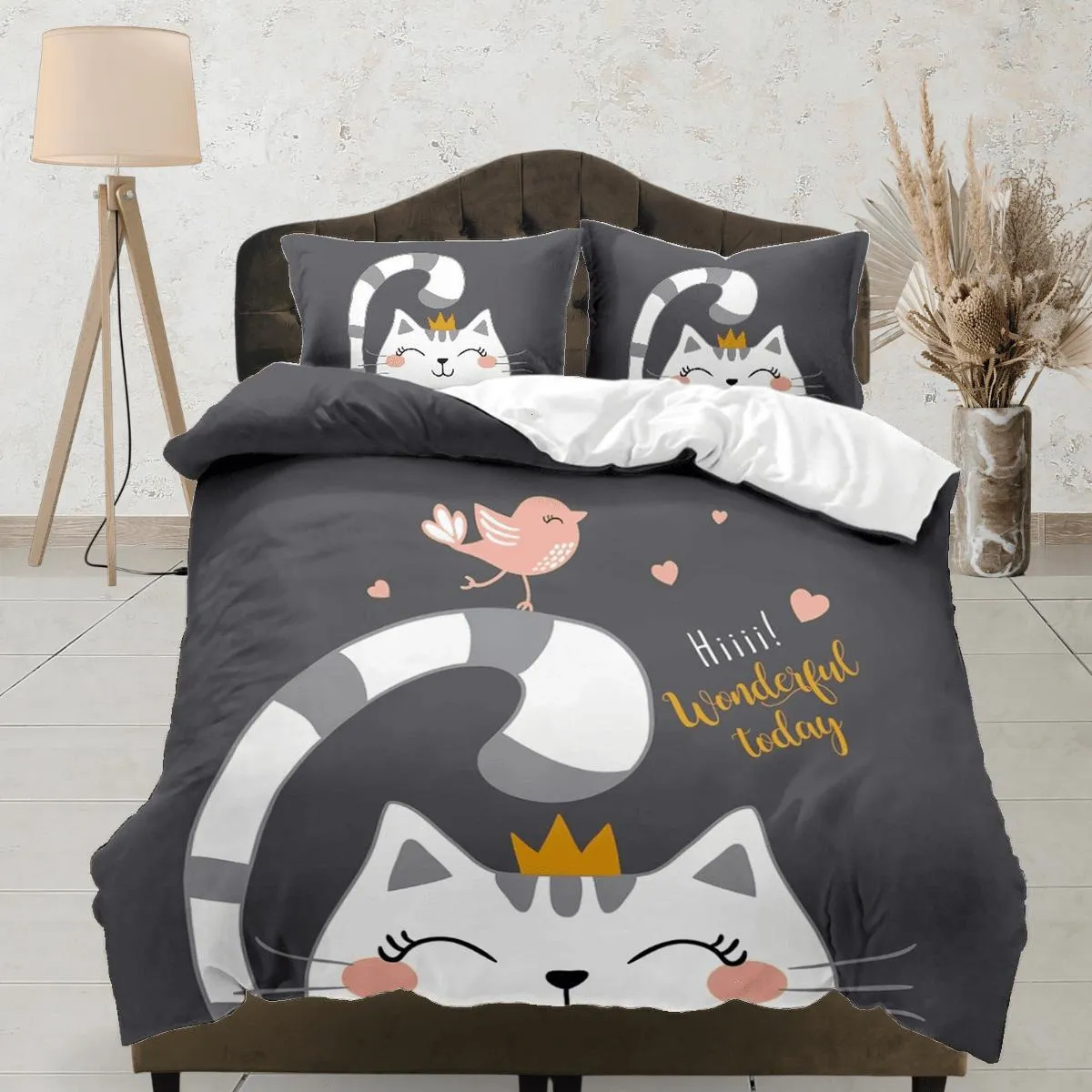 Princess cat bedding black, toddler bedding, kids duvet cover set, gift for cat lovers, baby bedding, baby shower gift, cute cat