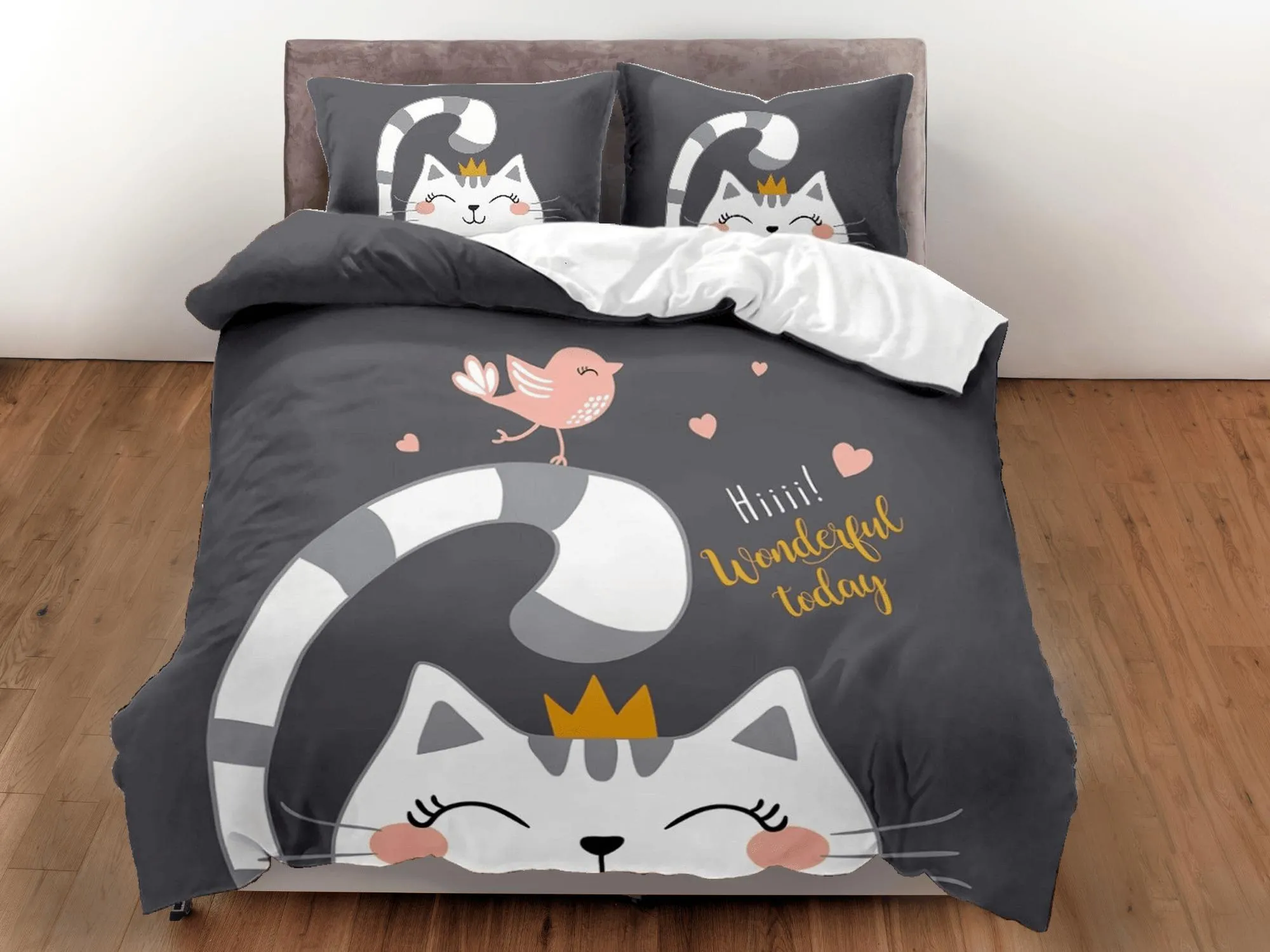 Princess cat bedding black, toddler bedding, kids duvet cover set, gift for cat lovers, baby bedding, baby shower gift, cute cat