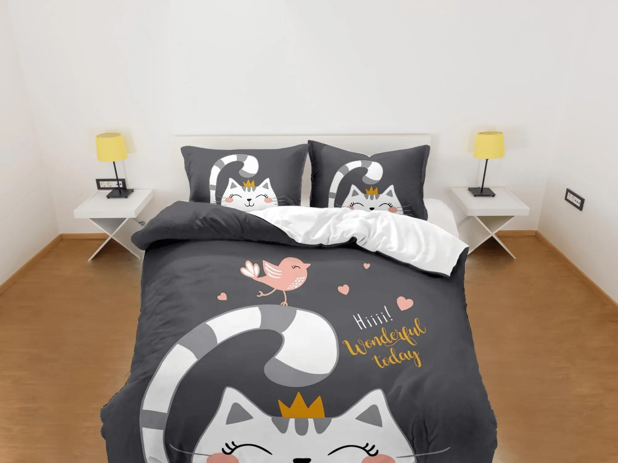 Princess cat bedding black, toddler bedding, kids duvet cover set, gift for cat lovers, baby bedding, baby shower gift, cute cat