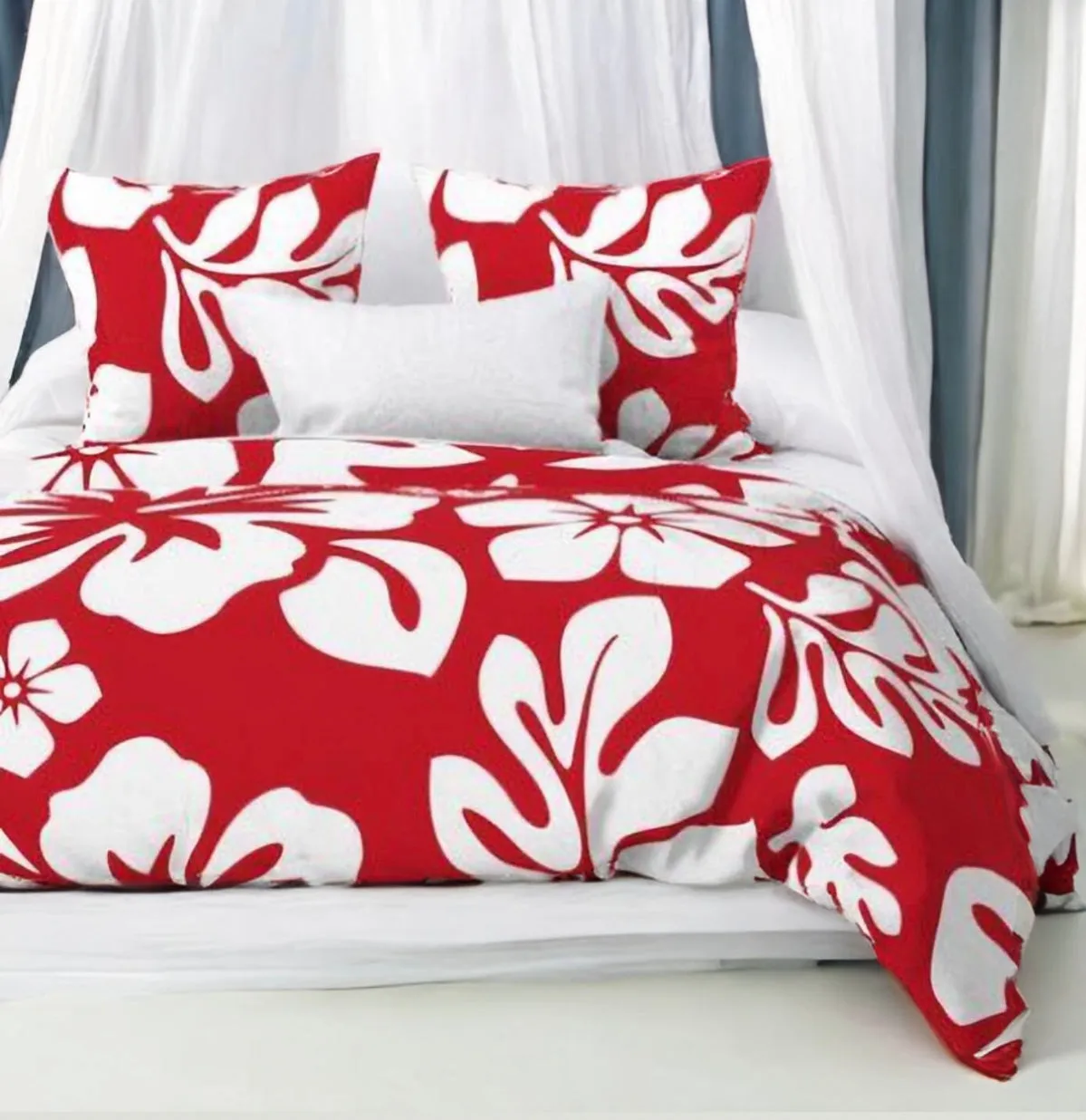 Red and White Hibiscus and Hawaiian Flowers Duvet Cover -Large Scale