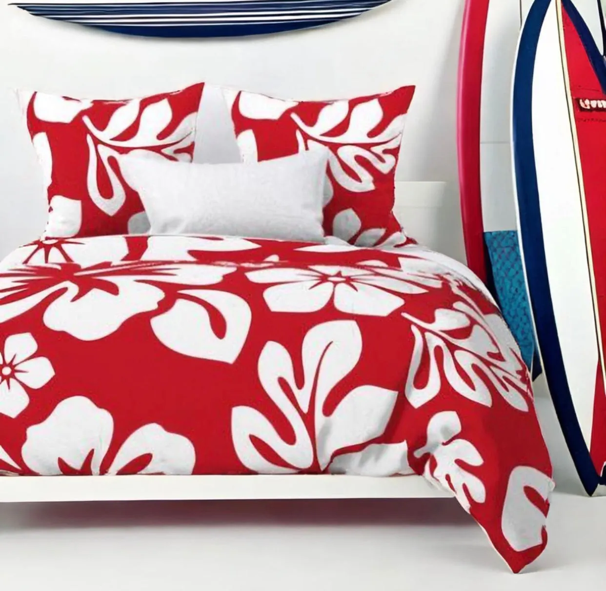 Red and White Hibiscus and Hawaiian Flowers Duvet Cover -Large Scale