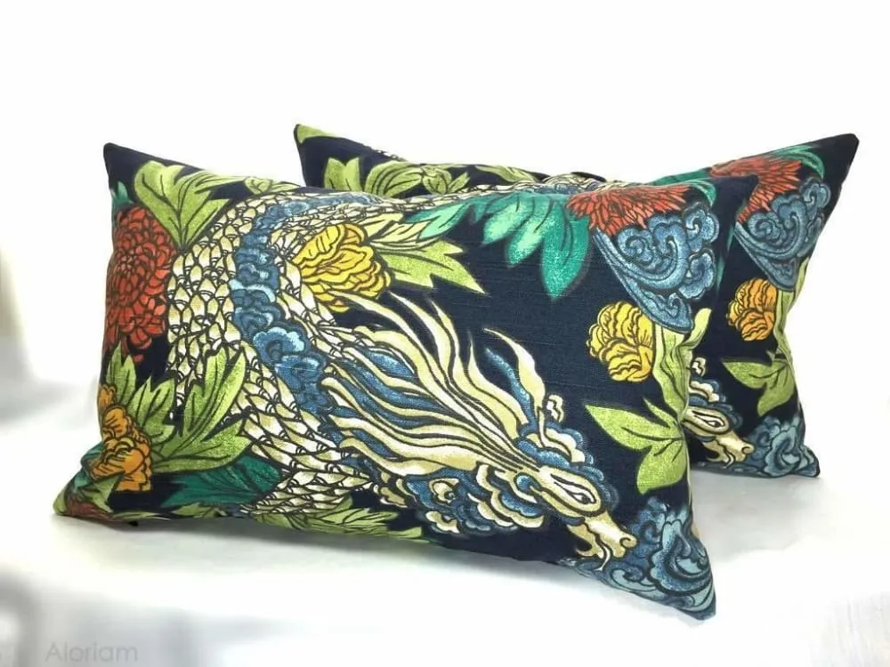 Robert Allen Dwell Studio Ming Dragon Chinoiserie Pillow Cover in Admiral Blue