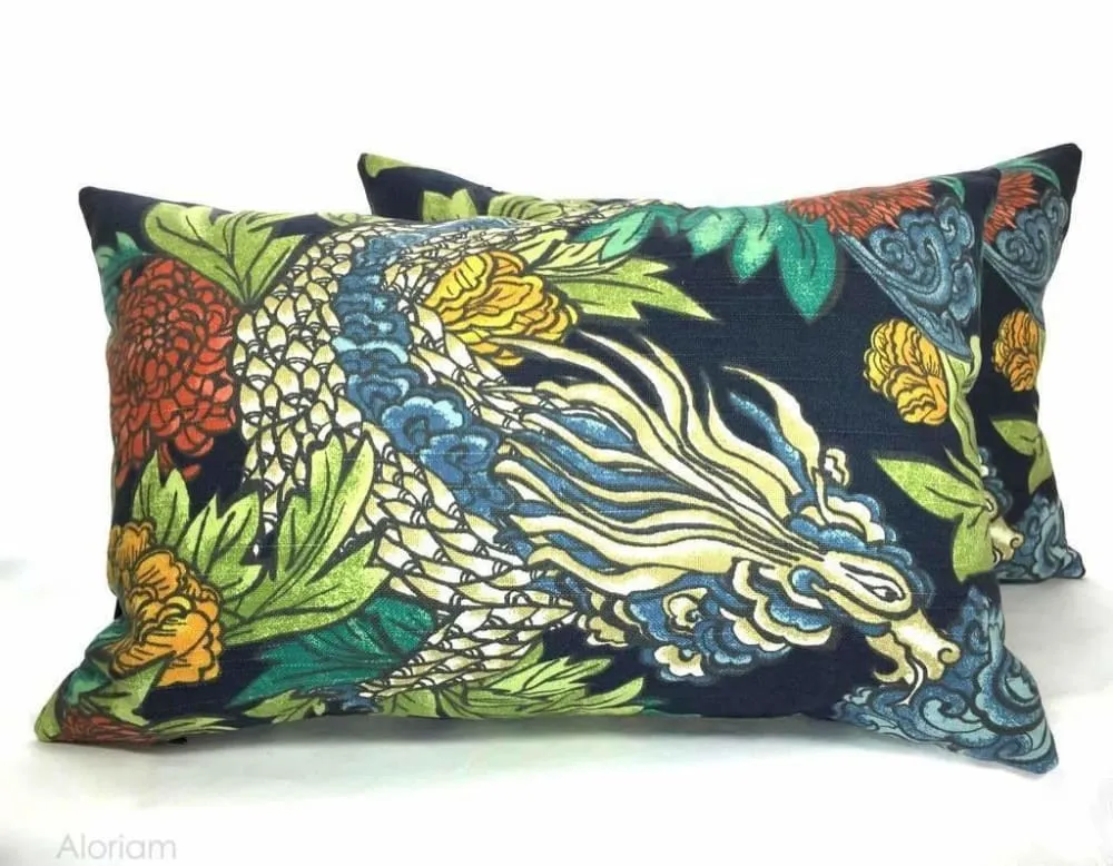 Robert Allen Dwell Studio Ming Dragon Chinoiserie Pillow Cover in Admiral Blue